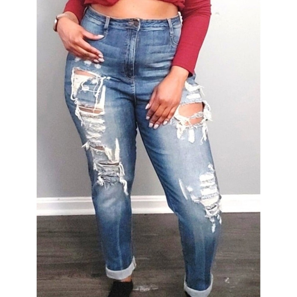 Fashion Nova Ripped Boyfriend Jeans Women 20 Blue Good Distressed Relaxed Fit
